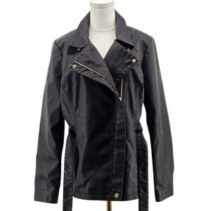 BACCINI Jacket Womens PL Black Polyurethane Biker Belted Lined Full Zip